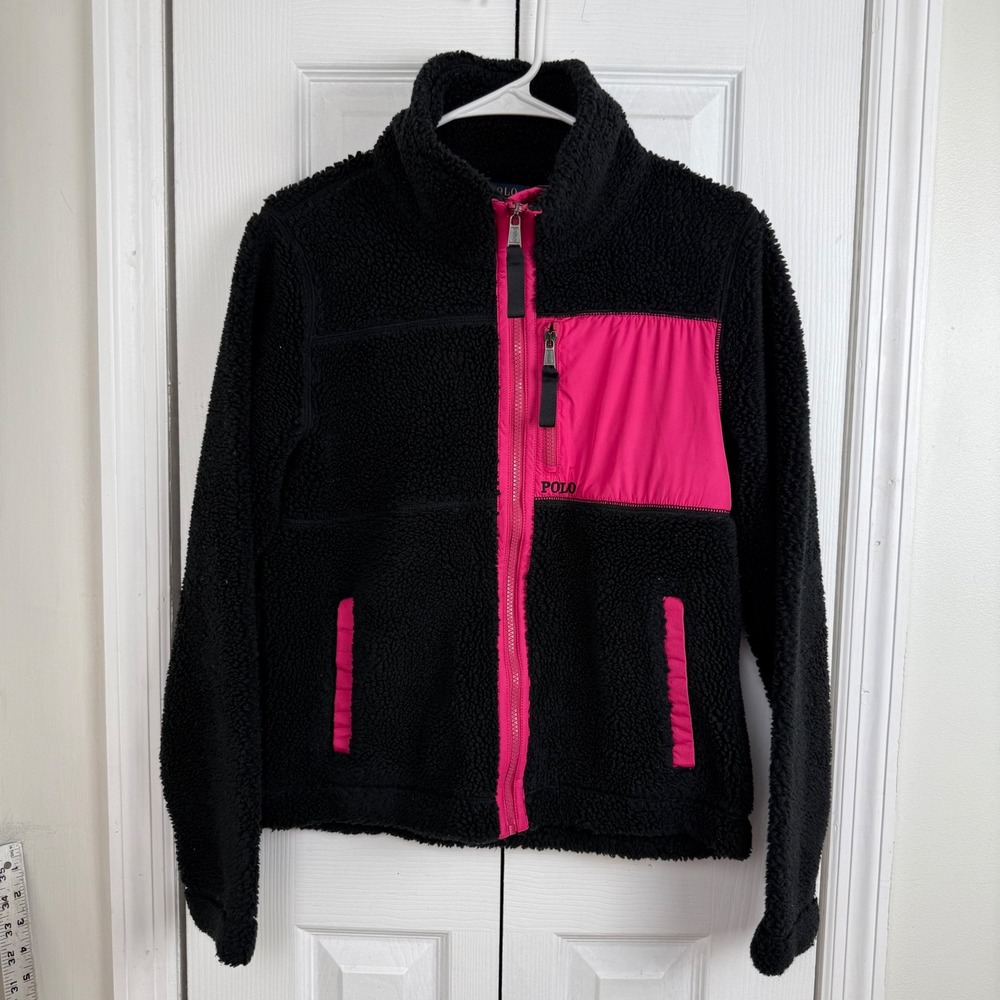 Polo Ralph Lauren Black Pink Sherpa‎ Fleece Full Zip Jacket Small SP